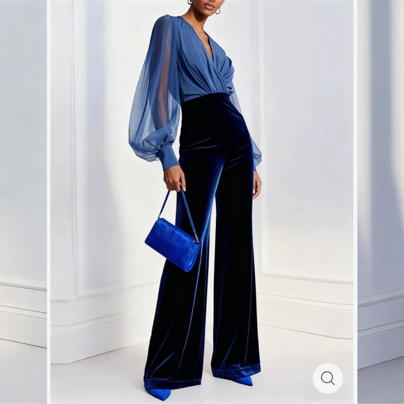 BLUE MESH V-NECK WOMENS LONG-SLEEVED VELVET JUMPSUIT - Picture 3 of 6